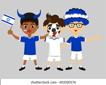 Fan of Israel national football team, sports. Boy with flag in the colors of the national command with sports paraphernalia.