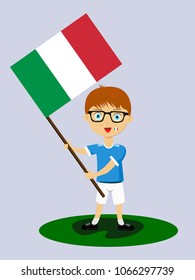 Fan of Italy national football, hockey, basketball team, sports. Boy with Italy flag in the colors of the national command with sports paraphernalia. Boy with Italy flag in the form of a sport.