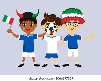 Fan of Italy national football, hockey, basketball team, sports. Boy with Italy flag in the colors of the national command with sports paraphernalia. Boy with Italy flag in the form of a sport.