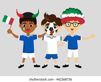 Fan of  Italy national football team, sports. Boy with flag in the colors of the national command with sports paraphernalia.
