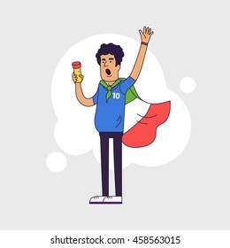 Fan of Italy national football team, sports. Character with flag in the national colors. Flat line style design