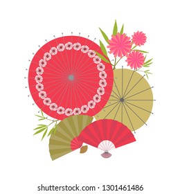 Fan, Japanese landscape, isolated object, hand drawn, flat style, vector illustration