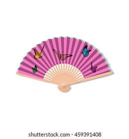 Fan for kabuki dance. Geisha accessories. Fan with the image of butterflies. Vector illustration