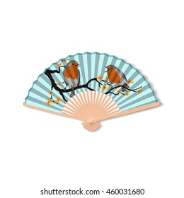 Fan For Kabuki Dance. Geisha Accessories. Fan With The Image Of Birds. Vector Illustration