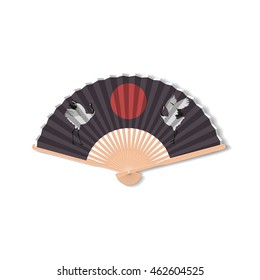 Fan For Kabuki Dance. Geisha Accessories. Fan With The Image Of Crane. Vector Illustration