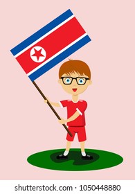 Fan of Korea national football, hockey, basketball team, sports. Boy with Korea flag in the colors of the national command with sports paraphernalia. Boy with Korea flag in the form of a sport.
