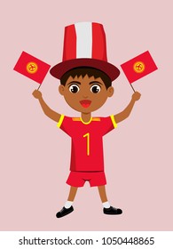 Fan of Kyrgyzstan national football, hockey, basketball team, sports. Boy with Kyrgyzstan flag in the colors of the national command with sports paraphernalia. Boy with Kyrgyzstan flag in the form