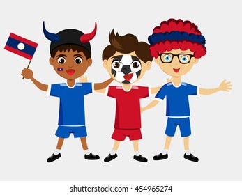 Fan of Laos national football team, sports. Boy with flag in the colors of the state command with sports paraphernalia.