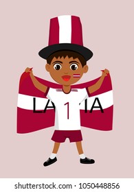 Fan of Latvia national football, hockey, basketball team, sports. Boy with Latvia flag in the colors of the national command with sports paraphernalia. Boy with Latvia flag in the form of a sport.