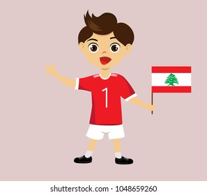 Fan of Lebanon national football, hockey, basketball team, sports. Boy with Lebanon flag in the colors of the national command with sports paraphernalia. Boy with Lebanon flag in the form of a sport.