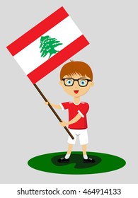 Fan of Lebanon national football team, sports. Boy with flag in the colors of the state command with sports paraphernalia.