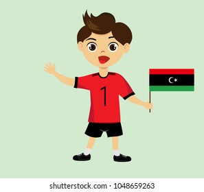 Fan of Libya national football, hockey, basketball team, sports. Boy with Libya flag in the colors of the national command with sports paraphernalia. Boy with Libya flag in the form of a sport.
