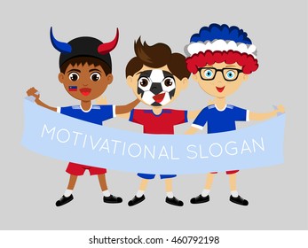 Fan of Liechtenstein national football team, sports. Boy with flag in the colors of the state command with sports paraphernalia.