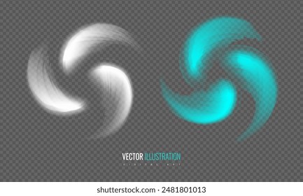 Fan light effect on a transparent background. Concept driving streams of cold fresh air, creating a vortex as blower rotates. Design element twirl blower