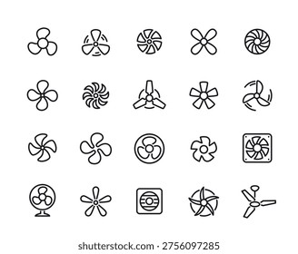 Conjunto de iconos de línea de ventilador. Símbolos simples con diferentes hélices giratorias de ventilación, aire acondicionado o enfriador. Trazo editable. Colección de Ilustración vectorial de contorno aislado sobre fondo
