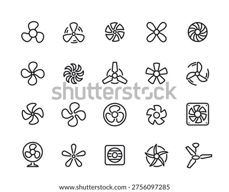 Fan line icon set. Simple symbols with different rotating propellers of ventilation, air conditioning or cooler. Editable stroke. Outline vector illustration collection isolated on background