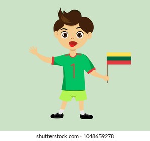 Fan of Lithuania national football, hockey, basketball team, sports. Boy with Lithuania flag in the colors of the national command with sports paraphernalia. Boy with Lithuania flag in the form