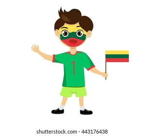 Fan of  Lithuania national football team, sports. Boy with flag in the colors of the national command with sports paraphernalia.