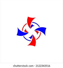 Plantilla del logotipo del ventilador en rojo y azul. Símbolo minimalista de su negocio en una ilustración vectorial de fondo blanco EPS 10.