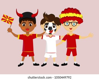 Fan of Macedonia national football, hockey, basketball team, sports. Boy with Macedonia flag in the colors of the national command with sports paraphernalia. Boy with Macedonia flag in the form