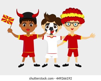 Fan of Macedonia national football team, sports. Boy with flag in the colors of the national command with sports paraphernalia.