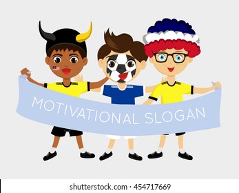 Fan of Malaysia national football team, sports. Boy with flag in the colors of the state command with sports paraphernalia.