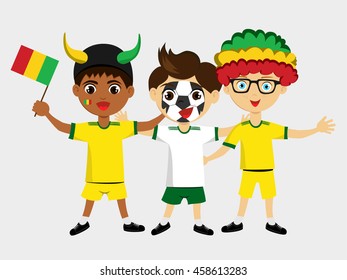Fan of Mali national football team, sports. Boy with flag in the colors of the state command with sports paraphernalia.