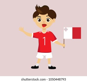 Fan of Malta national football, hockey, basketball team, sports. Boy with Malta flag in the colors of the national command with sports paraphernalia. Boy with Malta flag in the form of a sport.