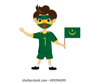 Fan of Mauritania national football team, sports. Boy with flag in the colors of the state command with sports paraphernalia.