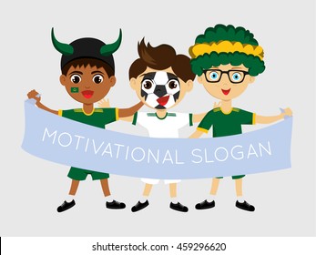 Fan of Mauritania national football team, sports. Boy with flag in the colors of the state command with sports paraphernalia.