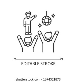 Fan meeting pixel perfect linear icon. Party in disco club. People dancing at celebration. Thin line customizable illustration. Contour symbol. Vector isolated outline drawing. Editable stroke