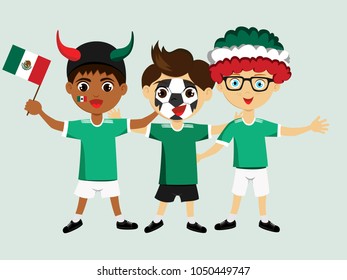 Fan of Mexico national football, hockey, basketball team, sports. Boy with Mexico flag in the colors of the national command with sports paraphernalia. Boy with Mexico flag in the form of a sport.