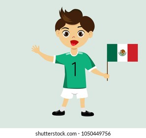 Fan of Mexico national football, hockey, basketball team, sports. Boy with Mexico flag in the colors of the national command with sports paraphernalia. Boy with Mexico flag in the form of a sport.