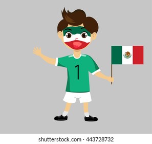 Fan of Mexico national football team, sports. Boy with flag in the colors of the national command with sports paraphernalia.