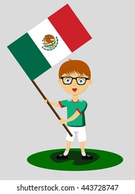 Fan of Mexico national football team, sports. Boy with flag in the colors of the national command with sports paraphernalia.