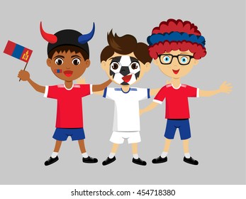 Fan of Mongolia national football team, sports. Boy with flag in the colors of the state command with sports paraphernalia.