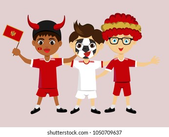Fan of Montenegro national football, hockey, basketball team, sports. Boy with Montenegro flag in the colors of the national command with sports paraphernalia. Boy with Montenegro flag in the form