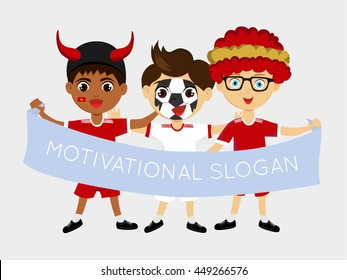 Fan of Montenegro national football team, sports. Boy with flag in the colors of the national command with sports paraphernalia.