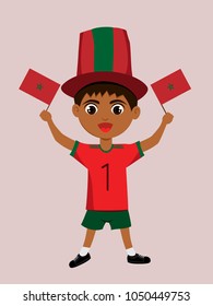 Fan of Morocco national football, hockey, basketball team, sports. Boy with Morocco flag in the colors of the national command with sports paraphernalia. Boy with Morocco flag in the form of a sport.