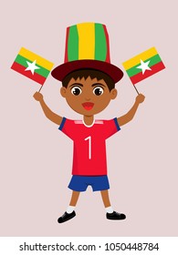 Fan of Myanmar national football, hockey, basketball team, sports. Boy with Myanmar flag in the colors of the national command with sports paraphernalia. Boy with Myanmar flag in the form of a sport.