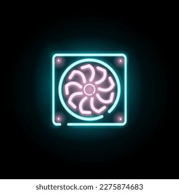 The fan is in neon style. Cooler. Cooling of a personal computer, central processor. Neon glow effect. Vector illustration. Simple icon for web, product, or logo. Eps 10. Dark background.