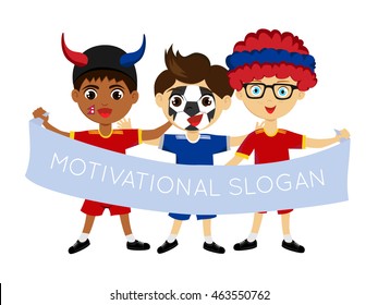 Fan of Nepal national football team, sports. Boy with flag in the colors of the state command with sports paraphernalia.