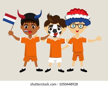 Fan of Netherlands national football, hockey, basketball team, sports. Boy with Netherlands flag in the colors of the national command with sports paraphernalia. Boy with Holland flag, form sport.