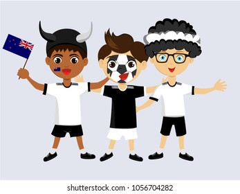 Fan of New Zealand national football, hockey, basketball team, sports. Boy with New Zealand flag in the colors of the national command with sports paraphernalia. Boy with New Zealand flag in the form