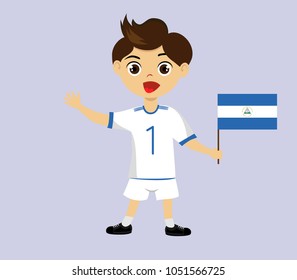 Fan of Nicaragua national football, hockey, basketball team, sports. Boy with Nicaragua flag in the colors of the national command with sports paraphernalia. Boy with Nicaragua flag in the form