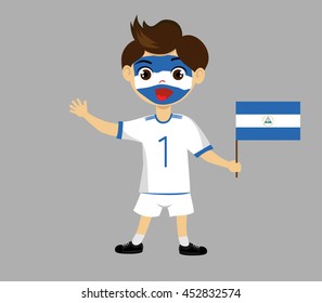 Fan of Nicaragua national football team, sports. Boy with flag in the colors of the national command with sports paraphernalia.