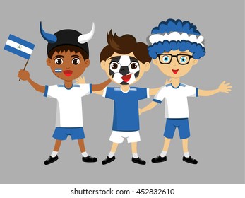 Fan of Nicaragua national football team, sports. Boy with flag in the colors of the national command with sports paraphernalia.