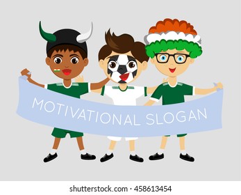 Fan of Niger national football team, sports. Boy with flag in the colors of the state command with sports paraphernalia.