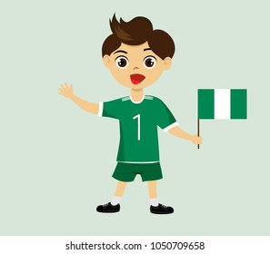 Fan of Nigeria national football, hockey, basketball team, sports. Boy with Nigeria flag in the colors of the national command with sports paraphernalia. Boy with Nigeria flag in the form of a sport.