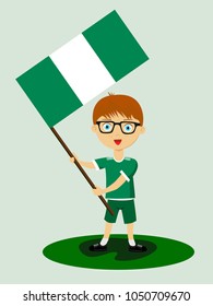 Fan of Nigeria national football, hockey, basketball team, sports. Boy with Nigeria flag in the colors of the national command with sports paraphernalia. Boy with Nigeria flag in the form of a sport.